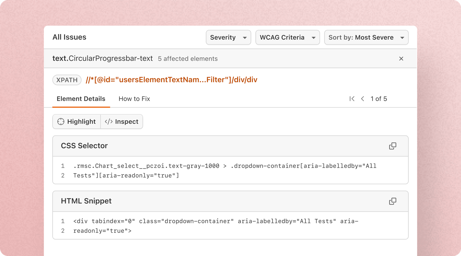 Accessibility issue detail panel with XPath, CSS selector, HTML snippet, and a How to Fix tab