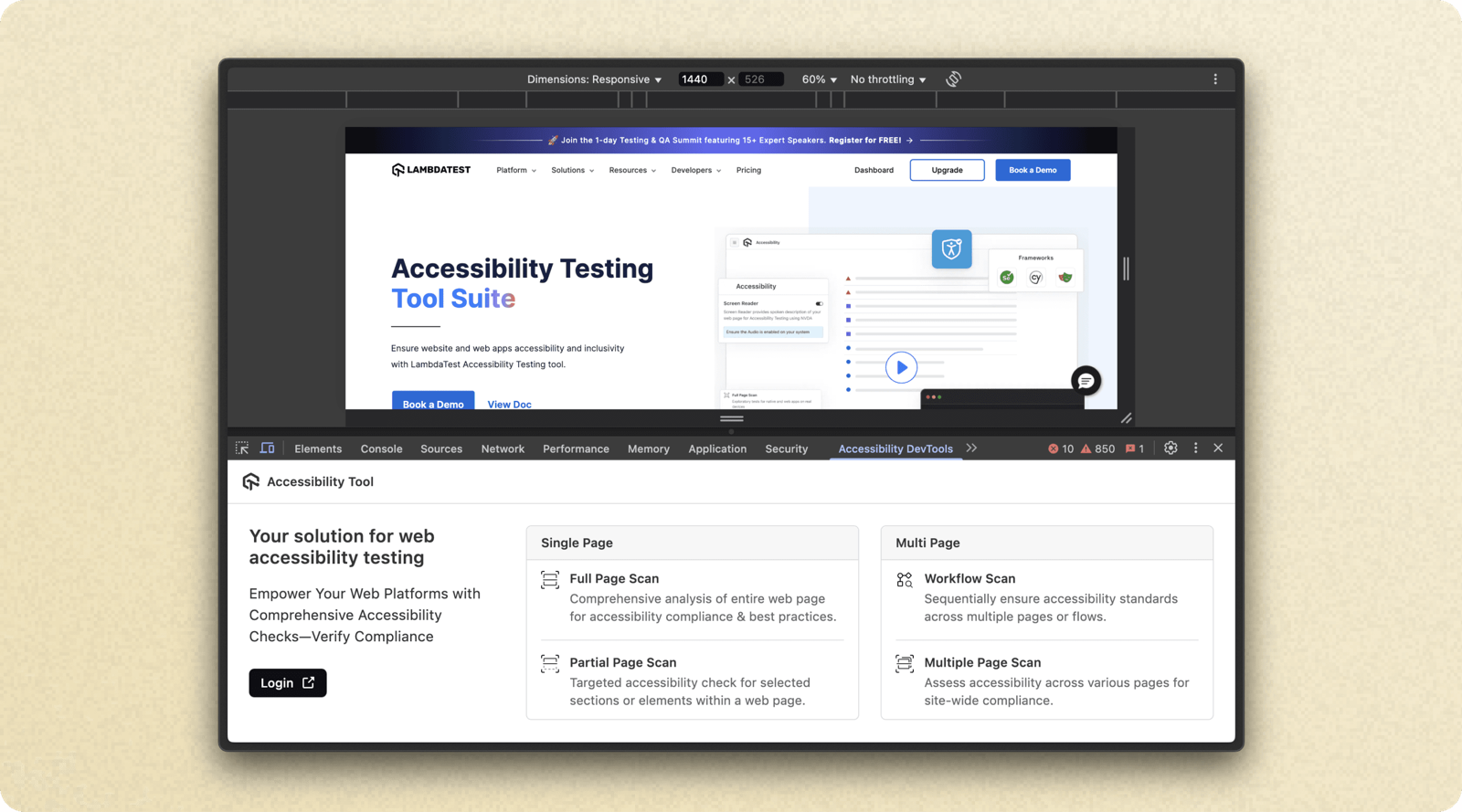 Accessibility DevTools Chrome extension panel embedded in browser devtools, with single page and multi page scan options