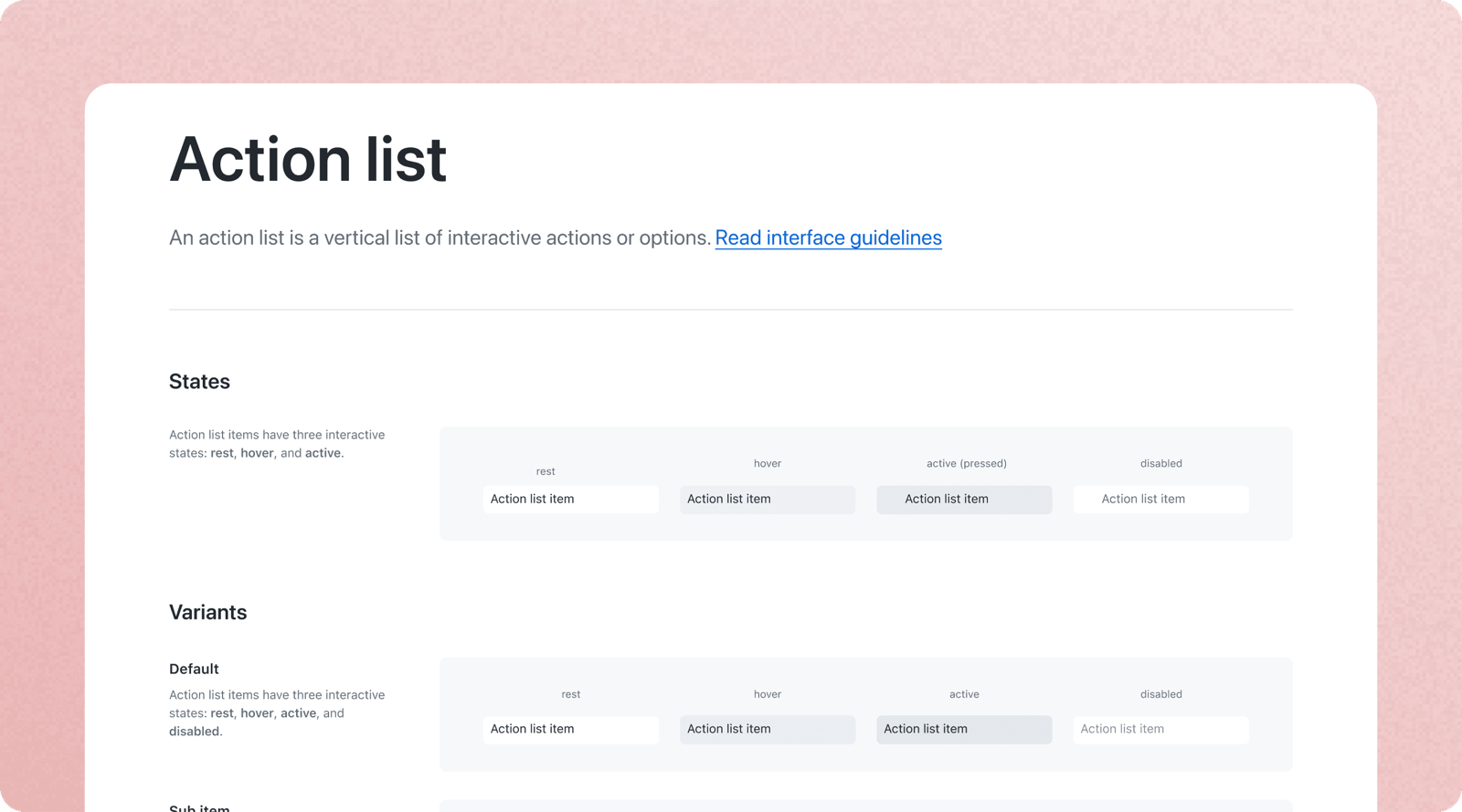 RetroGlitch action list component states and variants documentation