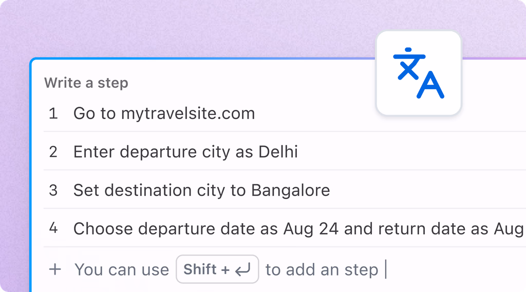 KaneAI Web Agent — natural language and steps beside a live browser preview.